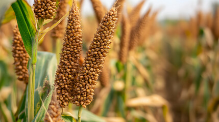 Golden Sorghum Grain Crop in Harvest Season Under Bright Sky