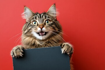 Cat on banner. Pet holding signboard. Advertising kitten shot. &ETH;&iexcl;ute adult cat laperm hold in front paws a template - large dark black road sign. Isolated cat on a solid apparel red background.