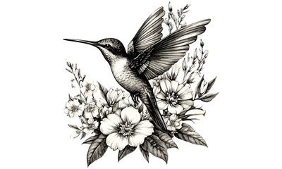 Retro Hummingbird Sketch, Vintage Ornithology Print, Monochrome Bird Line Art, Detailed Fauna Illustration, Rustic Wildlife Drawing, Antique Nature Etching, old engraving style