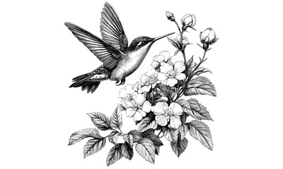 Vintage Hummingbird Engraving, Monochrome Bird Line Art, Rustic Wildlife Drawing, Antique Ornithology Print, Detailed Fauna Illustration, Retro Nature Etching, black sketch