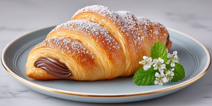 a realistic photo of a golden croissant filled with chocolate ganache and dusted with sugar - Powered by Adobe