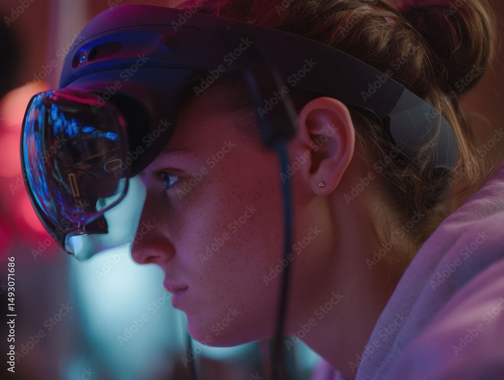 Aufkleber young woman immersed in virtual reality headset, exploring digital transformation and future technol