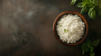 Freshly Cooked White Rice in Wooden Bowl Surrounded by Mint Leaves