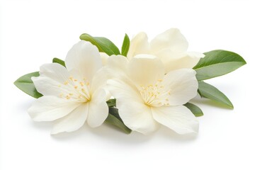 Elegant Jasmine Flowers with Green Leaves Close Up Studio Shot on White Background Delicate Floral Arrangement