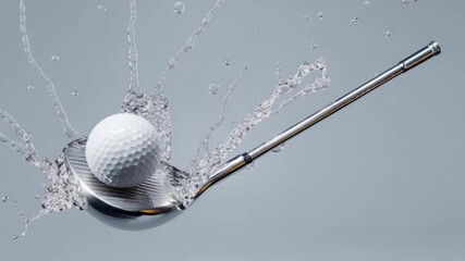 Golf club hitting a golf ball with water splash, dynamic sports action shot for golf enthusiasts