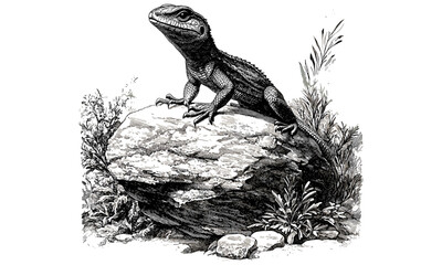 Vintage Lizard Engraving on Rock, Monochrome Reptile Line Art, Rustic Fauna Drawing, Detailed Nature Illustration, Antique Animal Print, Wildlife Etching, old engraving style, trendy wildlife decor