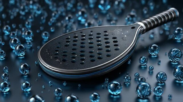 Sleek Black Paddle Surrounded by Glimmering Water Droplets on a Smooth Dark Surface