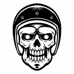 Black line art of a skull wearing a retro helmet, detailed hand-drawn vector illustration. Perfect for streetwear, tattoos, posters, and vintage urban designs with edgy, bold style.
