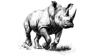 Retro engraving of rhino charging, monochrome wildlife line art, vintage nature illustration, hand-drawn fauna sketch, rustic safari print, detailed animal etching, old engraving style © Vintage studio