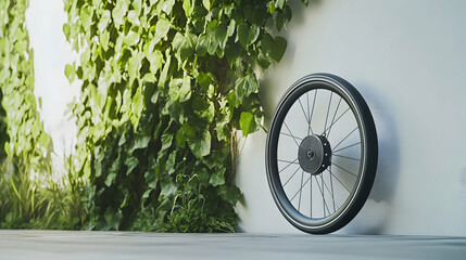 Bicycle Wheel Leaning Against Green Ivy Wall in Urban Environment