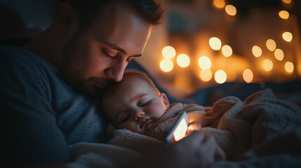 Father checks his phone while his baby sleeps peacefully nearby, capturing modern parenting in a calm moment