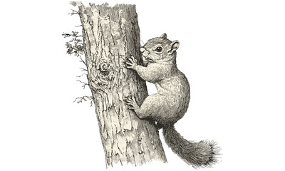 Vintage engraving of squirrel, rustic fauna drawing, detailed nature illustration, monochrome mammal line art, old engraving style, black sketch, wildlife etching, retro animal art