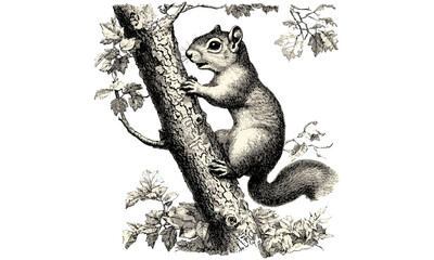 Retro squirrel climbing tree engraving, vintage wildlife etching, monochrome mammal line art, antique animal print, rustic fauna drawing, detailed nature illustration, old engraving style