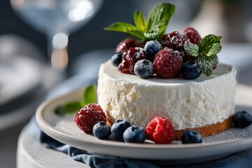 An inviting cheesecake adorned with fresh raspberries and blueberries, embodying a delightful dessert that promises indulgence and sweetness in every bite.