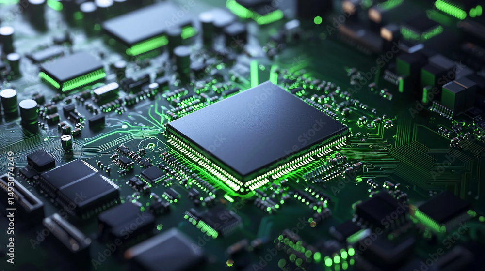 Poster a close up view of a circuit board with a microchip and green glowing lights on a dark background