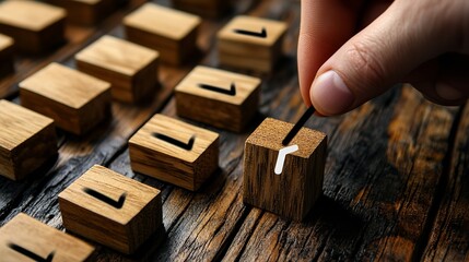Completing the vision Hand drawing a checkmark on a wooden block symbolizing achievement with warm