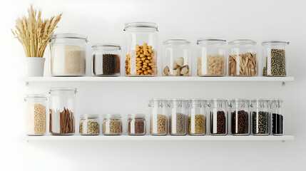 Organized Kitchen Shelf with Glass Containers and Dried Goods Display