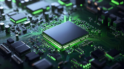 A close up view of a circuit board with a microchip and green glowing lights on a dark background