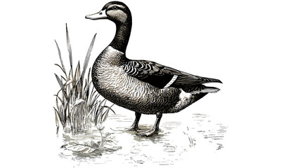Antique Duck on Water Illustration, Retro Monochrome Etching, Vintage Bird Art, Old Engraving Style, Detailed Nature Drawing, Wildlife Pond Scene, rustic animal sketch,