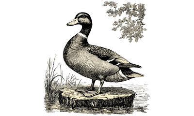 Vintage Wild Duck Etching, Monochrome Line Art, Rustic Pond Bird Sketch, Antique Nature Illustration, Retro Ornithology Engraving, Classic Wildlife Drawing, black and white print,