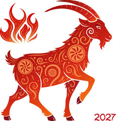 Symbol of the new year 2027 red fire goat. Ornament red fire goat. Chinese New Year 2027. Illustration for a banner with the symbol of the new year. Red fire goat - symbol of the new year 2027