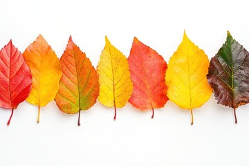 A row of colorful autumn leaves are arranged in a line