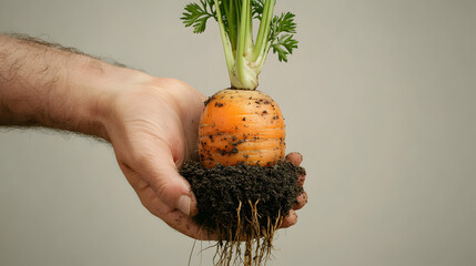Fresh Carrot Harvest Held by Hand with Exposed Roots and Soil