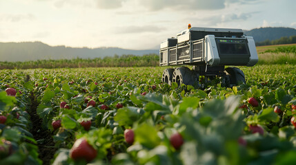 Robotic Vehicle Harvesting Strawberries in Green Field Landscape