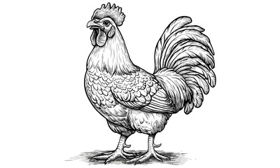 Vintage Farm Bird Line Drawing, Rooster Crowing at Sunrise, Hand-drawn Engraving, Rustic Animal Print, Monochrome Chicken Illustration, Farm Life Wall Art, Black sketch, old engraving style