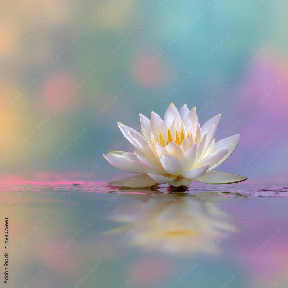 Poster serene water lily blossom floating on calm water surface with pastel bokeh background in soft light
