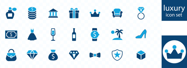 Luxury icon set. Diamond, rich, gem, gold, assets, expensive, jewelry, VIP, wealth and money icons. Solid icon collection