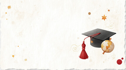 3D Layered Paper Art with Torn Borders and Crumpled Mortarboard on Globe, Floating Metallic Stars in Studio Light Against Ivory Minimalist Background.