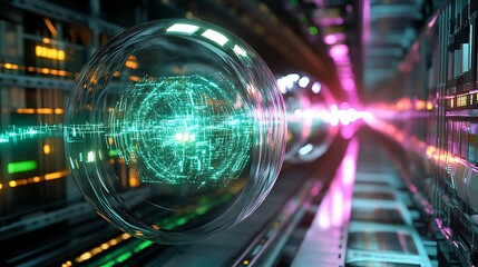 Digital sphere in futuristic server room