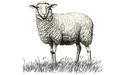 Rustic Farm Animal Wall Print, Sheep Grazing in Pasture, Vintage Engraving Style, Monochrome Pastoral Drawing, Hand-drawn Domestic Animal Art, Traditional Livestock Sketch