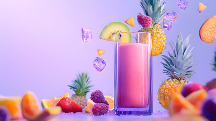 Colorful Fruit Juice Splash with Tropical Ingredients and Ice Cubes