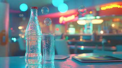 Sparkling Water in Glass with Bubbles Against Colorful Background