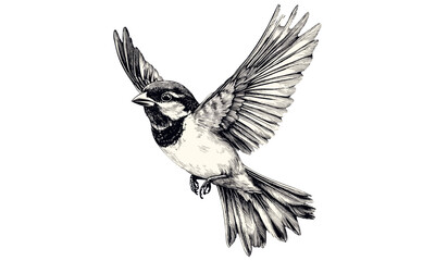 Vintage black sketch of sparrow in flight, hand-drawn ornithology illustration, rustic wildlife print, old engraving style, monochrome line art, antique bird drawing, natural history art
