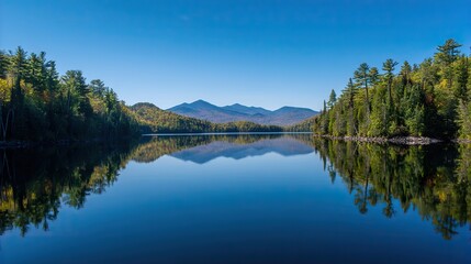 Obraz premium Panoramic view of a lake with a beautiful blue sky and forest in the background, where the water perfectly reflects the scenic landscape.