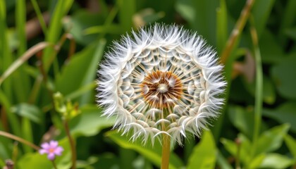 a single dandelion seed head in full bloom against a backdrop of lush greenery with wildflowers.