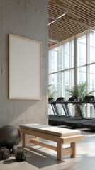 Gym Interior Mockup with Training Equipment and Blank Frame in Concrete Wall, Modern Design, Natural Light
