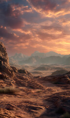 Naklejka premium Dramatic desert landscape with vibrant sunset creating a serene and otherworldly atmosphere landscape scenery