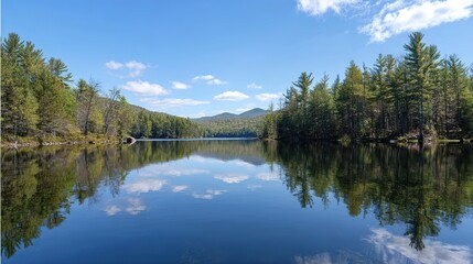 Obraz premium Panoramic view of a lake with a beautiful blue sky and forest in the background, where the water perfectly reflects the scenic landscape.