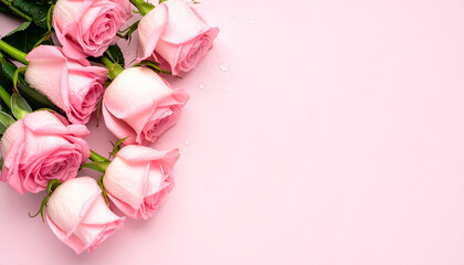 Beautiful pink roses with water droplets on pink background. Romantic floral design with copy space