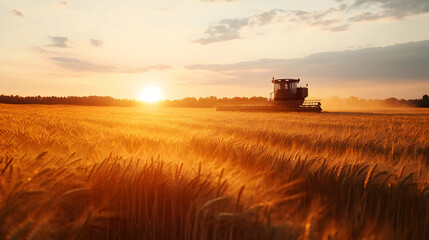 Beautiful Sunset Over Wheat Field with Combine Harvester Working