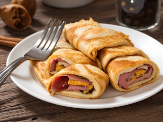 A white oval-shaped plate with four rolled up crepes on it.