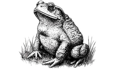 Toad Sitting, Vintage Engraving Style, Monochrome Animal Sketch, Rustic Nature Print, Hand-drawn Amphibian, Scientific Wildlife Art, nature illustration, antique sketch
