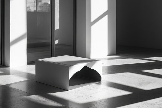 Minimalist White Table in Modern Interior with Sunlight and Shadows Architectural Detail in Black and White - Powered by Adobe