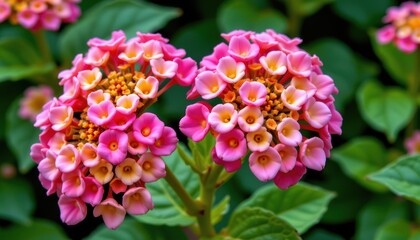 Obraz premium a close up view of pink flowers with yellow centers, situated in a garden bed covered with green foliage