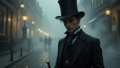 Mysterious Gentleman in Foggy Victorian Street