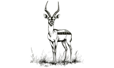 Monochrome vintage antelope etching, hand-drawn mammal sketch, old engraving wildlife art, grassland scene, safari decor, trendy natural history illustration, wilderness wall art © Vintage Studio